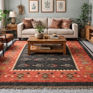 Puede incluir: Escena de salón con una gran alfombra rectangular con diseño geométrico en rojo, negro y beige. La habitación incluye un sofá beige, sillones de cuero, una mesa de centro de madera y obras de arte enmarcadas. La alfombra mide aprox. 244 x 305 cm.