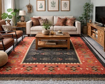 Handwoven Large Black Floral Kilim Jute Area Rug, Wool Jute Kilim Carpet, Red Boho Kilim Rug for Living Room, Underbed Kilim Custom Area Rug