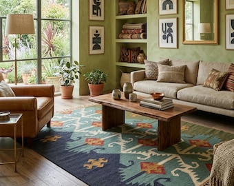 Handwoven Kilim Rug | Vintage Geometric Rug | Large Area Rug 8x10, 9x12 | Green & Navy Wool Rug for Living Room | Southwestern Home Decor