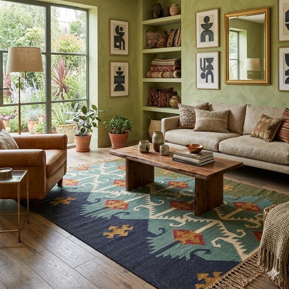 Handwoven Kilim Rug | Vintage Geometric Rug | Large Area Rug 8x10, 9x12 | Green & Navy Wool Rug for Living Room | Southwestern Home Decor