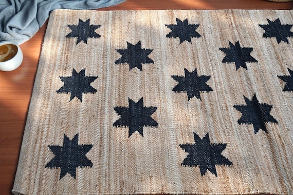 Handmade Jute Rug: Black Star Design, Hallway Jute Area Rug, Jute Dhurrie Rug, Motifs, Oriental, Traditional Indian, Geometric, Turkish Rug