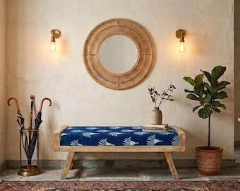 Indigo Block Print Upholstered Bench - Rustic Solid Wood Entryway Seating - Bohemian Mudroom Bench - Handmade Farmhouse Accent Furniture