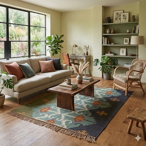 May include: A cozy living room scene with a beige sofa, patterned pillows, and a wooden coffee table. A colorful rug with a geometric design sits on the hardwood floor. The room features a large window, a desk, and a bookshelf, creating a warm and inviting atmosphere.