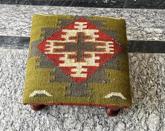 Wooden Kilim Bench Footstool — Boho Upholstered Ottoman, Small Seating, Handmade Home Interiors