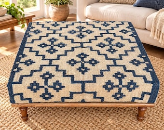 Banqueta otomana Kilim feita à mão em lã e juta, banqueta de madeira estofada, móveis boho para sala de estar, banqueta geométrica decorativa