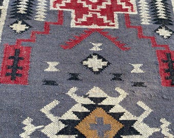 Kilim Rug Handwoven Vintage Kilim Area Rug Handmade Kilim Dhurrie Rug Motifs, Oriental, Traditional Indian Geometric Custom Wool Jute Rug