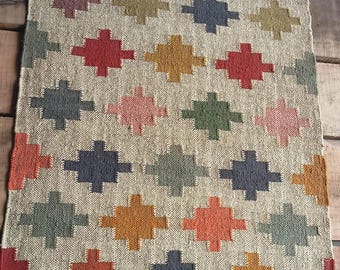 Alfombra Kilim de yute y lana multicolor, tejida a mano, hecha a mano, Kilim Dhurrie, alfombra tradicional india de yute, alfombra a medida.