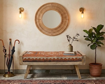 Banco Kilim hecho a mano - Asiento de entrada de madera maciza de mango - Otomana tapizada estilo bohemio - Muebles rústicos para recibidor - Sofá con estampado tribal