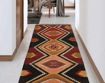 Handmade Kilim Runner Rug For Hallway\Stair Decor, Handwoven Wool And Jute Runner, Bohemian Rug, Vintage Jute Runner, Custom Runner Rug