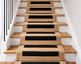 Natural Jute Stair Runner with Black Stripes | Handmade Stair Runner Rug | Farmhouse Stair Carpet | Modern Hallway Runner-Custom Length Rug