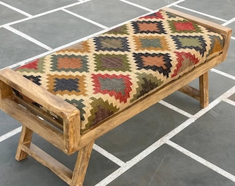 Banco Kilim feito à mão, banco rústico de madeira para hall de entrada, móvel boho para sala de estar, banco estofado com estampa tribal.