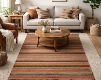 Multicolor Striped Handwoven Wool Kilim Rug, Vintage Wool and Jute Rug Handmade, Kilim Dhurrie Rug, Traditional Indian Custom Size Area rug