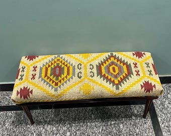 Wooden Kilim Bench with Wool Jute Upholstery-Upholstered Bench | Entryway Bench -Bedroom Bench -Southwestern Kilim Bench | Boho Home Decor