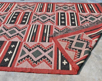 Alfombra Kilim grande hecha a mano, tejida a mano, de lana y yute, Kilim Dhurrie, motivos orientales, tradicionales indios, geométricos y turcos.