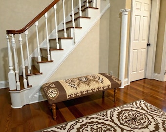 Handmade Kilim Upholstered Bench | Boho Tribal Entryway Bench | Wooden Leg Ottoman | Rustic Farmhouse Seating | Brown Upholstery