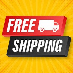 May include: A graphic with the words "FREE SHIPPING" in white text on two angled rectangular banners. The top banner is red with a white truck icon, and the bottom banner is black. The background is yellow with radial lines.