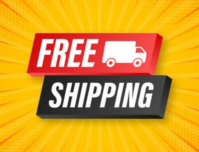 May include: A graphic with the words "FREE SHIPPING" in white text on two angled rectangular banners. The top banner is red with a white truck icon, and the bottom banner is black. The background is yellow with radial lines.