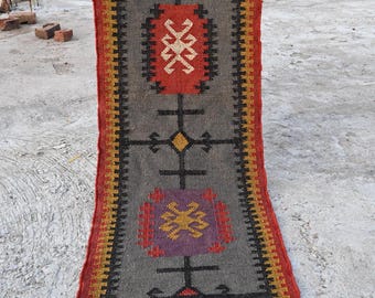 Alfombra Kilim vintage hecha a mano, alfombra decorativa para escaleras, alfombra tejida a mano de lana y yute para escaleras, alfombra para pasillo, alfombra Kilim de lana y yute