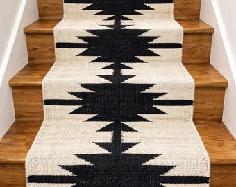 Boho Kilim Star Runner Rug, Black White Tribal Geometric Wool Jute Carpet, Farmhouse Stairway & Hallway Flatweave Runner