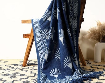 Handwoven Cotton Throw Blanket: Indigo Orange Boho Sofa Cover
