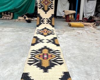 Alfombra Kilim tejida a mano en lana y yute. Alfombra Kilim Dhurrie hecha a mano con motivos orientales, tradicionales, indios, geométricos y turcos para la decoración del hogar.