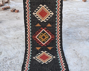 Black Stair Kilim Runner - Vintage Stair Runner Custom Size Stair Runner, Handmade Wool Jute Kilim Runner Rug, Custm Jute Runner Rug