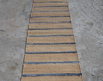 Boho Hallway Hamp Jute Runner - Vintage Handmade Custom Size Stair Rug