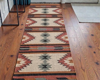 Handwoven Southwestern Kilim Runner Rug, Boho Tribal Hallway Carpet, Rustic Geometric Wool Runner for Living Room & Entryway Kilim Rugs