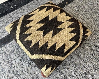 Vintage Kilim Upholstered Footstool — Solid Wood Ottoman, Rustic Boho Seating, Handmade Furniture