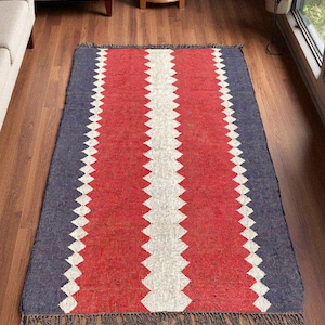 Handloom Wool Jute Kilim Rug-Handmade, Wool and Jute Rug, Kilim Dhurrie Rug, Traditional Indian jute Area rug, Home Decor Boho Custom Rug