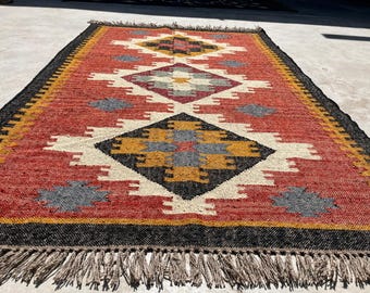 Handmade Red Kilim Runner Rug, Boho Wool Jute Rug, Handwoven Custom Stair/Hallway Runner