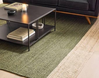 9x12 Handmade Green With Natural Hemp Jute Rungs-Extra Large Jute Rugs green Jute Rugs-Stripes jute Rug, Large Area Hemp Rug For Hallway Rug
