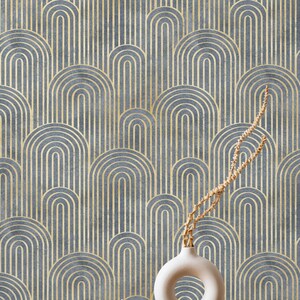 Carta da parati Art Déco blu - Motivo ad arco geometrico dorato per decorazioni murali moderne, carta da parati adesiva o tradizionale