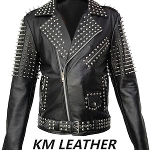 Men&#39;s Handmade Genuine Leather Black Punk Silver Spike  Jacket - Heavy Metal Biker Style With Studs