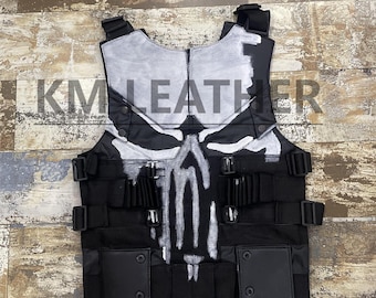 Handgemaakt op Punisher geïnspireerd echt lederen tactisch vest Skull Armor-cosplaykostuum