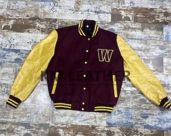 Chaqueta universitaria vintage / Chaqueta bomber retro Letterman / Chaqueta universitaria granate y amarilla / Abrigo estilo béisbol unisex