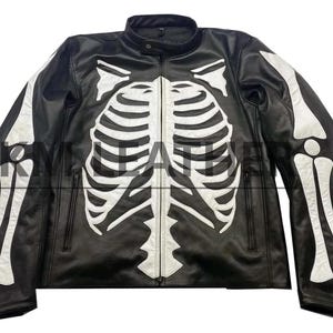 Skeleton Leather Biker Jacket: Gothic Skull Bones Moto Streetwear