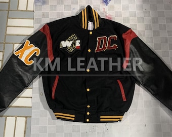 Chaqueta universitaria vintage DC XC - Bomber de lana y cuero - Estilo retro de los 90