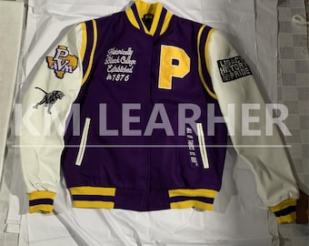PVAMU HBCU Varsity Jacket – Prairie View A&M Panthers, paarsgouden wollen en leren mouwen