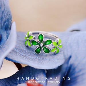 S925 Sterling Silver Resin Green Flower Creative Open Ring, Woodland and Countryside Style