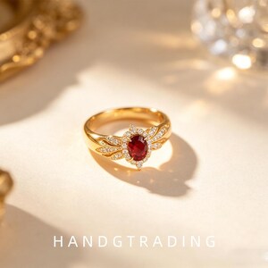 May include: A gold ring featuring a central oval-cut red ruby surrounded by a halo of small white diamonds. The band is crafted from polished yellow gold, and the setting includes delicate, wing-like diamond accents extending from the centre stone.