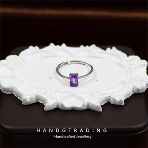Genuine Emerald Cut Amethyst Ring in Sterling Silver, Natural Amethyst Stone Ring, Stacking Rings