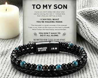 To My Son Tiger Eye Leather Bracelet, Custom Engraved Magnetic Clasp Men's Gift