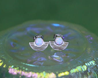 Pendientes de ópalo de plata de ley S925 con forma de abanico semicircular, pequeños pendientes de ópalo australiano