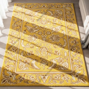 Yellow Off White Hand Tufted Floral Wool Rug for Bedroom, Modern Bird Design 8x10 Area Living Room Dining Room Rug, Custom Handmade Carpets
