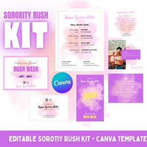 Peut inclure: Un modèle de kit de recrutement de sororité avec un thème violet et blanc. Le kit comprend divers supports promotionnels tels que des flyers et des graphiques pour les réseaux sociaux. Le texte comprend "SORORITY RUSH KIT", "RUSH WEEK" et "FALL RUSH 2025".
