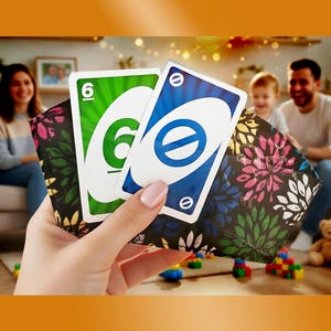 May include: A hand holds three Uno playing cards: a green card with the number 6, a blue card with a circle and slash symbol, and a card with a floral design. The background shows a family playing a game.