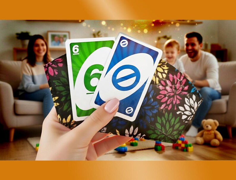 May include: A hand holds three Uno playing cards: a green card with the number 6, a blue card with a circle and slash symbol, and a card with a floral design. The background shows a family playing a game.