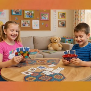May include: Two children playing a card game at a round wooden table. The girl wears a pink shirt with a unicorn graphic, and the boy wears a blue striped shirt. Colorful cards are visible, along with a patterned rug and a teddy bear in the background.