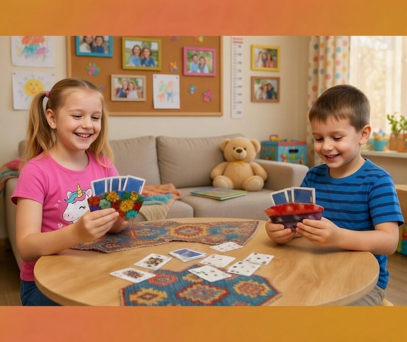 May include: Two children playing a card game at a round wooden table. The girl wears a pink shirt with a unicorn graphic, and the boy wears a blue striped shirt. Colorful cards are visible, along with a patterned rug and a teddy bear in the background.
